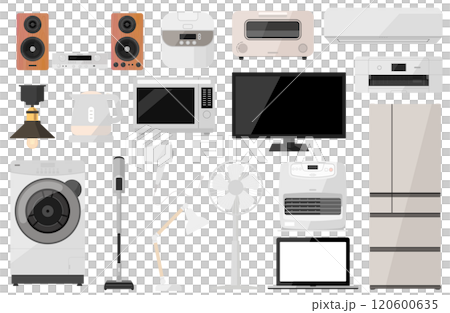 Home appliances vector illustration set Drum washing machine Vacuum cleaner Electric fan Refrigerator Heater Air conditioner Rice cooker Home appliances vector illustration set Drum washing machine Vacuum cleaner Electric fan Refrigerator Heater Air conditioner Rice cooker 120600635