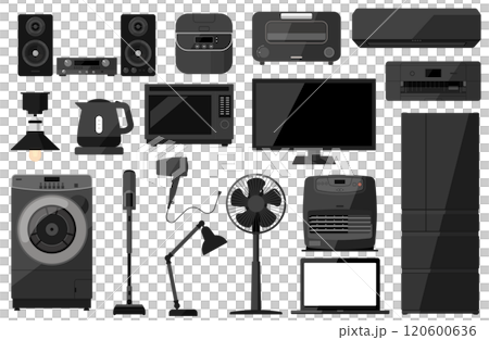 黑色家電向量插圖集黑色煤油爐電子水壺揚聲器組件烤麵包機 黑色家電向量插圖集黑色煤油爐電子水壺揚聲器組件烤麵包機 120600636