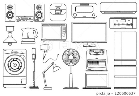 手描き風ラフな線画家電製品ベクターイラストセット ドラム式洗濯機 掃除機 扇風機 冷蔵庫 プリンター 120600637