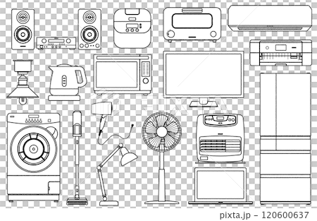 手描き風ラフな線画家電製品ベクターイラストセット ドラム式洗濯機 掃除機 扇風機 冷蔵庫 プリンター 120600637