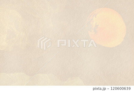 淡いベージュな色合いの満月と雲が描かれた和風テクスチャ背景 120600639
