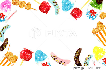 祭の食べ物のフレーム 手描き水彩イラスト素材 祭の食べ物のフレーム 手描き水彩イラスト素材 120600955