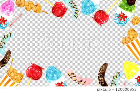 祭の食べ物のフレーム 手描き水彩イラスト素材 祭の食べ物のフレーム 手描き水彩イラスト素材 120600955