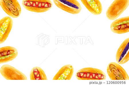 コッペパンサンドのフレーム　食べ物の手描き水彩イラスト素材 120600956