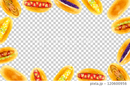 コッペパンサンドのフレーム　食べ物の手描き水彩イラスト素材 120600956