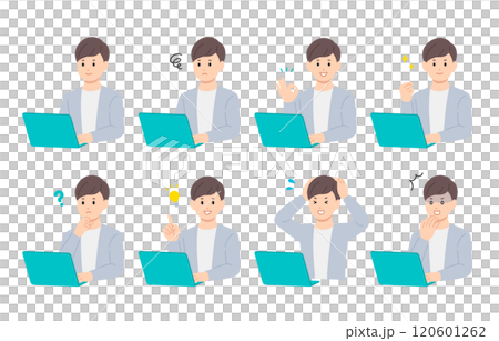 A set of young men with various expressions and poses while looking at a computer [People vector illustration material] 120601262