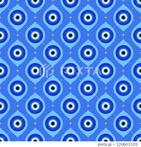 Evil eye pattern. Greek vector seamless background with traditional blue beads. Magic nazar amulet wallpaper. Mystic symbol of protection luck and energy. Spiritual Arabic talisman Evil eye pattern. Greek vector seamless background with traditional blue beads. Magic nazar amulet wallpaper. Mystic symbol of protection luck and energy. Spiritual Arabic talisman 120601320