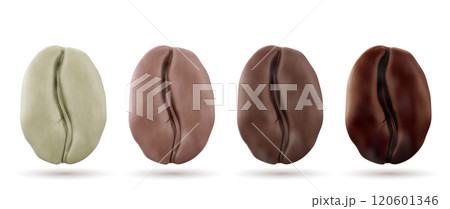 Realistic 3d coffee beans showing roasting stages 120601346