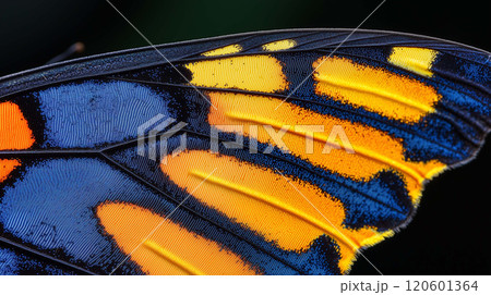 Close-Up View of a Butterfly Wing, Vibrant Colors and Delicate Patterns Come to Life 120601364