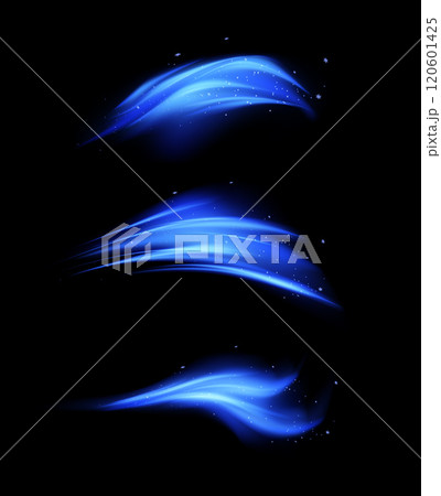 Wind effect, air steam with sparkles, blue air flow wave effect vector set, realistic stream of wind, wave fumes motion 120601425