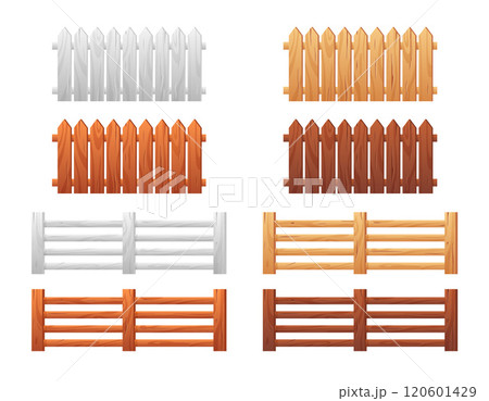 Vector set with wooden fence and gates with abstract textures on a white background 120601429
