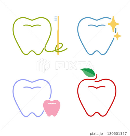 歯科・歯医者向けシンプルでかわいい歯の線画アイコンセット 120601557