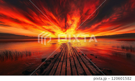 Beauty of Dusk, A Peaceful Lake Reflecting the Golden Hues of a Sunset Sky, Wooden bridge 120601582