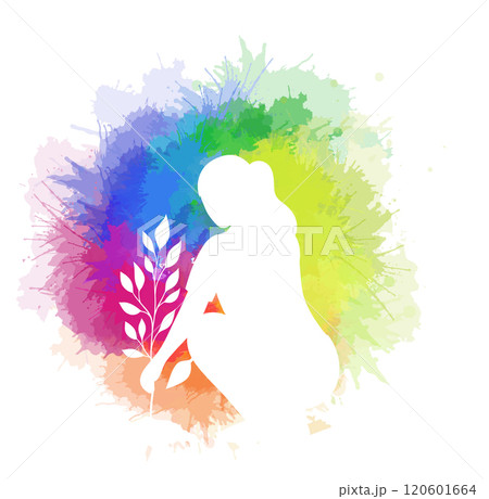 Vector illustration of white silhouette of woman planting on rainbow watercolor splashes. Woman volunteer cultivate greenery. 120601664
