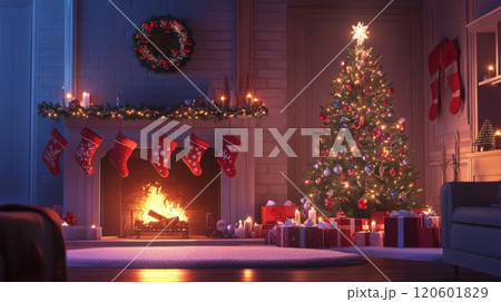 クリスマスツリーと暖炉のある部屋 120601829