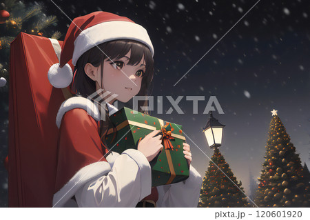 サンタに扮した少女 子供たちにプレゼント【AI生成画像】 120601920