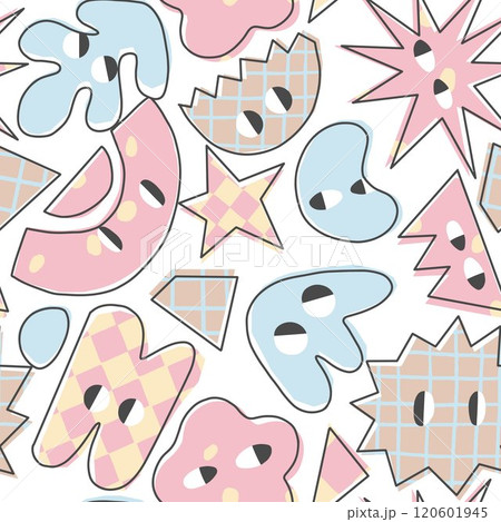 Beautiful vector seamless pattern with hand drawn abstract cute shapes with eyes. Ready to use print design. Children surface pattern. 120601945
