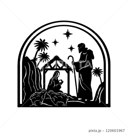 Holy Night silhouette - Nativity scene of baby Jesus silhouette in a manger with Mary and Joseph with the three wise men. Christian Christmas silhouette of animals. Illustration for children. Holy Night silhouette - Nativity scene of baby Jesus silhouette in a manger with Mary and Joseph with the three wise men. Christian Christmas silhouette of animals. Illustration for children. 120601967
