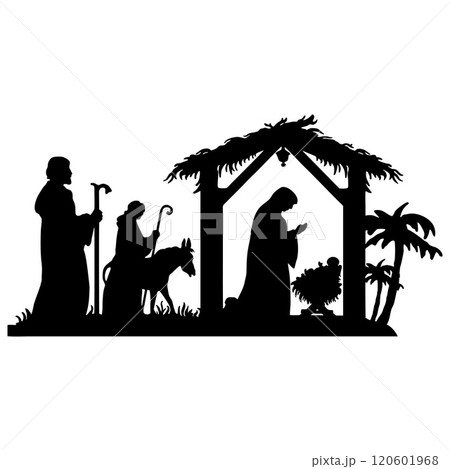 Holy Night silhouette - Nativity scene of baby Jesus silhouette in a manger with Mary and Joseph with the three wise men. Christian Christmas silhouette of animals. Illustration for children. 120601968