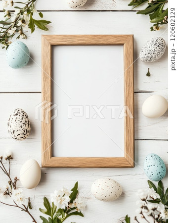 Simple Easter poster mock up with natural wooden frame and decorative eggs 120602129