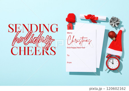 Merry Christmas and New Year, greeting card and New Year symbols on blue background with text 120602162