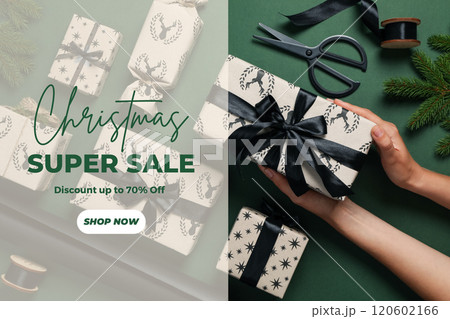 Christmas sale, gift boxes, hands and decorations on green background with text Christmas sale, gift boxes, hands and decorations on green background with text 120602166