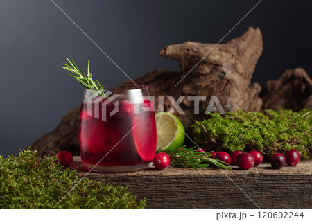 Cranberry cocktail with ice, lime, and rosemary on a old wooden board. Cranberry cocktail with ice, lime, and rosemary on a old wooden board. 120602244