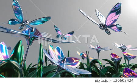 futuristic summer garden with robotic butterflies and holographic flowers, showcasing sci fi inspired, hyper realistic scene with vibrant neon details 120602424