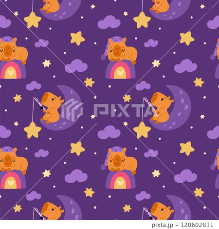 Capybaras seamless pattern. Cute funny animals. Good night elements. Repeated print. Exotic biggest cartoon rodents fishing from crescent. Capy sleeping on rainbow. Garish vector background Capybaras seamless pattern. Cute funny animals. Good night elements. Repeated print. Exotic biggest cartoon rodents fishing from crescent. Capy sleeping on rainbow. Garish vector background 120602811