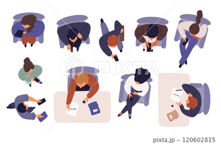 Cartoon business people. Top view office staff. Men and women sitting with smartphones. Workplace with documents. Businessman working at desk. Employee on armchair. Garish vector set 120602815