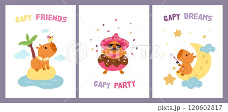 Cartoon capybaras birthday greeting cards. Cute exotic animals with party accessories. Kids holiday flyers. Funny biggest rodents. Happy mammal fishing from sky moon. Garish vector set Cartoon capybaras birthday greeting cards. Cute exotic animals with party accessories. Kids holiday flyers. Funny biggest rodents. Happy mammal fishing from sky moon. Garish vector set 120602817