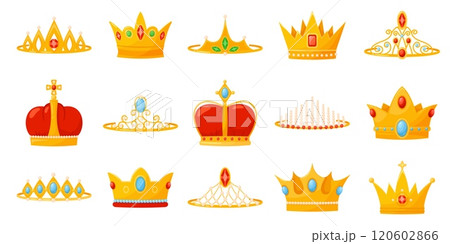 Golden royal crowns and tiaras. Cartoon king diadems. Queen headwear. Prince head wear with gemstones. Precious symbols of power. Coronation jewelry. Monarchic elements. Recent vector set Golden royal crowns and tiaras. Cartoon king diadems. Queen headwear. Prince head wear with gemstones. Precious symbols of power. Coronation jewelry. Monarchic elements. Recent vector set 120602866