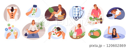 Healthy lifestyle scenes. People take care of body. Physical activity. Timely rest. Hydration drink. Hardening and fresh diet food. Vitamin support. Yoga meditation. Garish vector set Healthy lifestyle scenes. People take care of body. Physical activity. Timely rest. Hydration drink. Hardening and fresh diet food. Vitamin support. Yoga meditation. Garish vector set 120602869