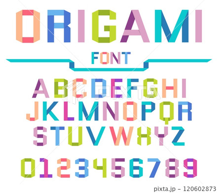 Multicolor paper alphabet. Folded stripes and ribbons. Origami font design. Capital letters and numbers. Latin ABC. Cardboard uppercase craft shapes. Vector alphabetical text icons set Multicolor paper alphabet. Folded stripes and ribbons. Origami font design. Capital letters and numbers. Latin ABC. Cardboard uppercase craft shapes. Vector alphabetical text icons set 120602873