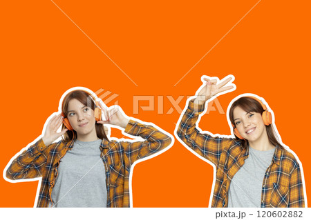 Creative design, girl in headphones, having fun listening to music. Creative design, girl in headphones, having fun listening to music. 120602882
