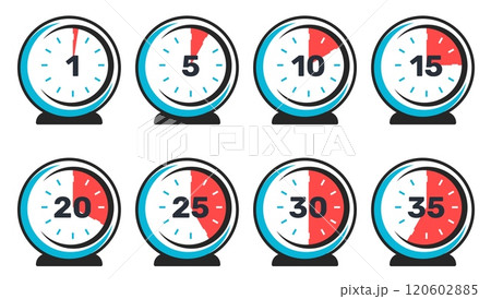 Timer dials. Minute measurement. Analog clock signs. 5 or 10 seconds. Timepieces with 15, 20, 25 and 30 segments. Red time scale. Delivery service icons. Vector chronometer faces set Timer dials. Minute measurement. Analog clock signs. 5 or 10 seconds. Timepieces with 15, 20, 25 and 30 segments. Red time scale. Delivery service icons. Vector chronometer faces set 120602885