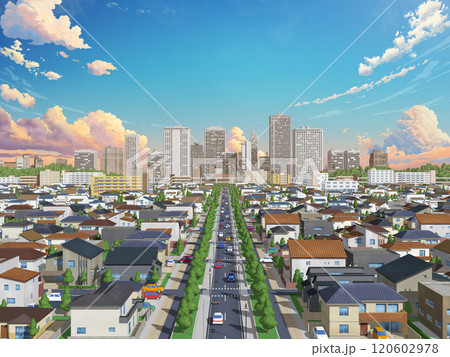都市　家　住宅　街　イラスト　CG　BG　街並み　背景 120602978