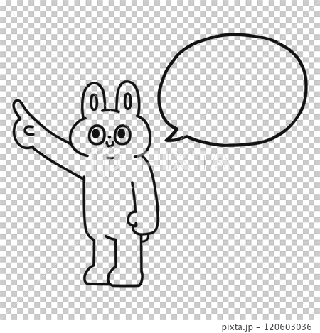 A funny rabbit pointing with a speech bubble - line drawing 120603036