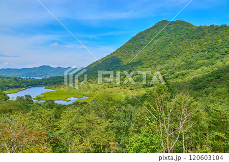 夏の群馬県立赤城公園(鳥居峠)から見た覚満淵と駒ヶ岳、大沼方面 120603104