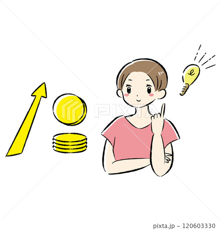 コイン(お金)が増えるイメージと笑顔の女性のイラスト コイン(お金)が増えるイメージと笑顔の女性のイラスト 120603330