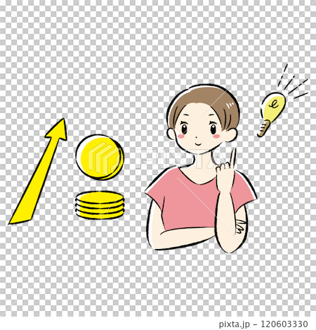 コイン(お金)が増えるイメージと笑顔の女性のイラスト コイン(お金)が増えるイメージと笑顔の女性のイラスト 120603330