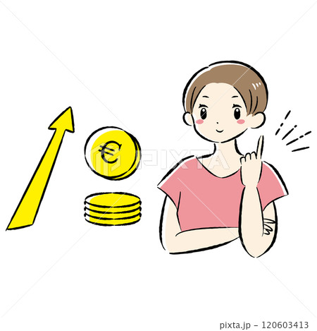 お金（ユーロ）が増えるイメージと笑顔の女性のイラスト 120603413