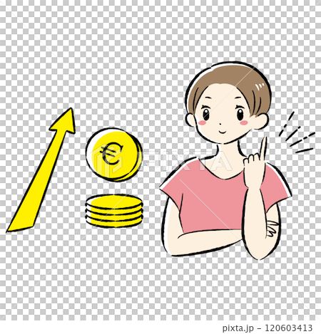 お金（ユーロ）が増えるイメージと笑顔の女性のイラスト 120603413
