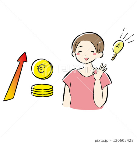 お金(ユーロ)が増えるイメージと笑顔の女性のイラスト お金(ユーロ)が増えるイメージと笑顔の女性のイラスト 120603428