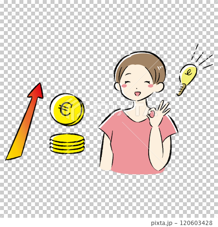 お金(ユーロ)が増えるイメージと笑顔の女性のイラスト お金(ユーロ)が増えるイメージと笑顔の女性のイラスト 120603428