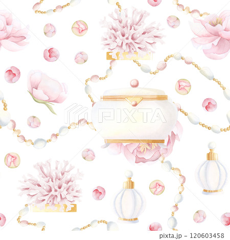 White pink wedding accessories with jewelry box, perfume bottle, candles and pastel peonies flowers watercolor seamless pattern. Retro beauty little things for bride bachelorette party and planner White pink wedding accessories with jewelry box, perfume bottle, candles and pastel peonies flowers watercolor seamless pattern. Retro beauty little things for bride bachelorette party and planner 120603458