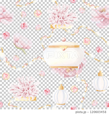 White pink wedding accessories with jewelry box, perfume bottle, candles and pastel peonies flowers watercolor seamless pattern. Retro beauty little things for bride bachelorette party and planner White pink wedding accessories with jewelry box, perfume bottle, candles and pastel peonies flowers watercolor seamless pattern. Retro beauty little things for bride bachelorette party and planner 120603458