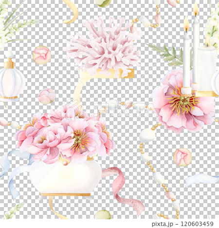 Womens Day watercolor floral seamless pattern with pastel pink peony flowers, leaves and buds on white. Romantic garden roses repeat background for spring wedding design, Women's Day greeting cards. Womens Day watercolor floral seamless pattern with pastel pink peony flowers, leaves and buds on white. Romantic garden roses repeat background for spring wedding design, Women's Day greeting cards. 120603459