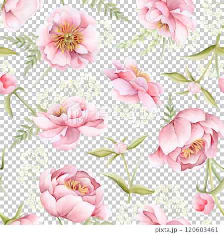 Spring garden flowers in pastel pink and green watercolor seamless pattern for International Womens Day. Peony and roses with leaves and buds floral repeat background on white for wedding and fabrics Spring garden flowers in pastel pink and green watercolor seamless pattern for International Womens Day. Peony and roses with leaves and buds floral repeat background on white for wedding and fabrics 120603461