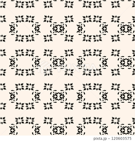 Vector black and white floral seamless pattern. Abstract minimal geometric ornament with flowers in oriental style. Simple monochrome background. 120603575